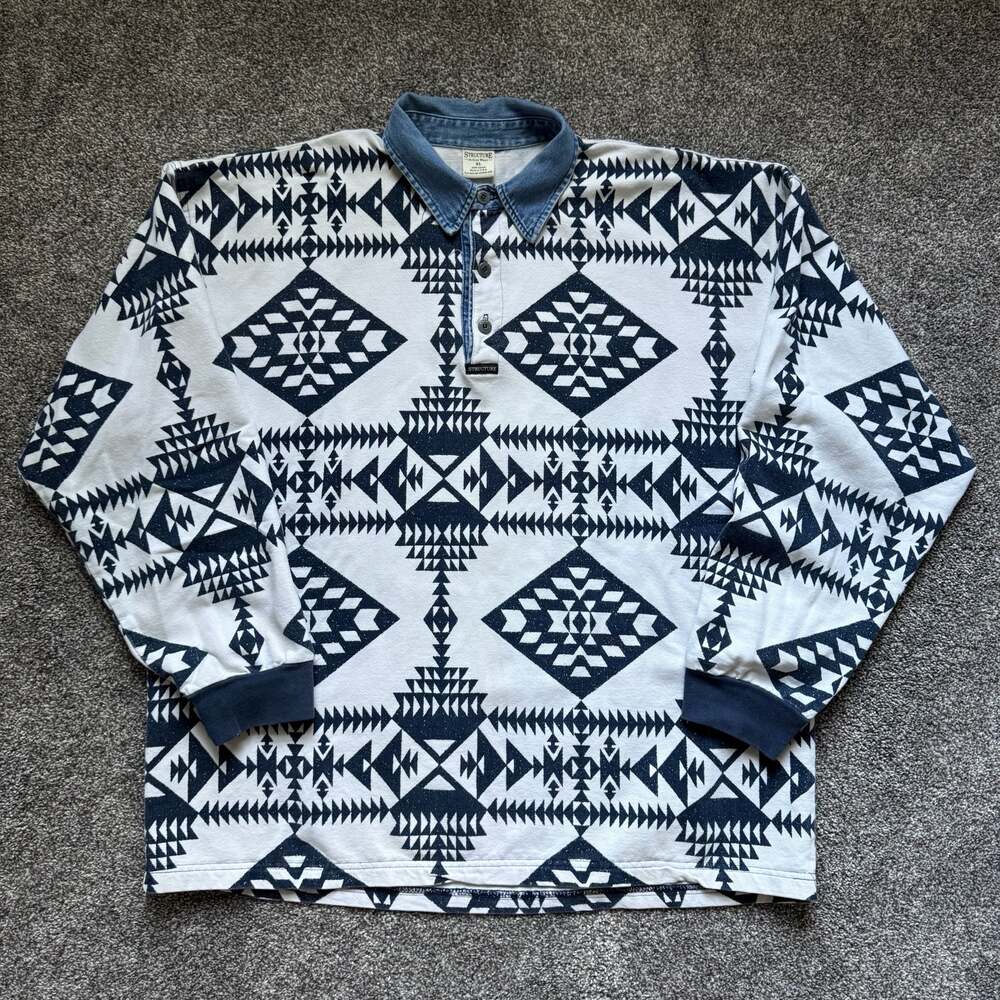 Vintage Structure Active Wear XL Geometric Print Denim Collar Polo Shirt